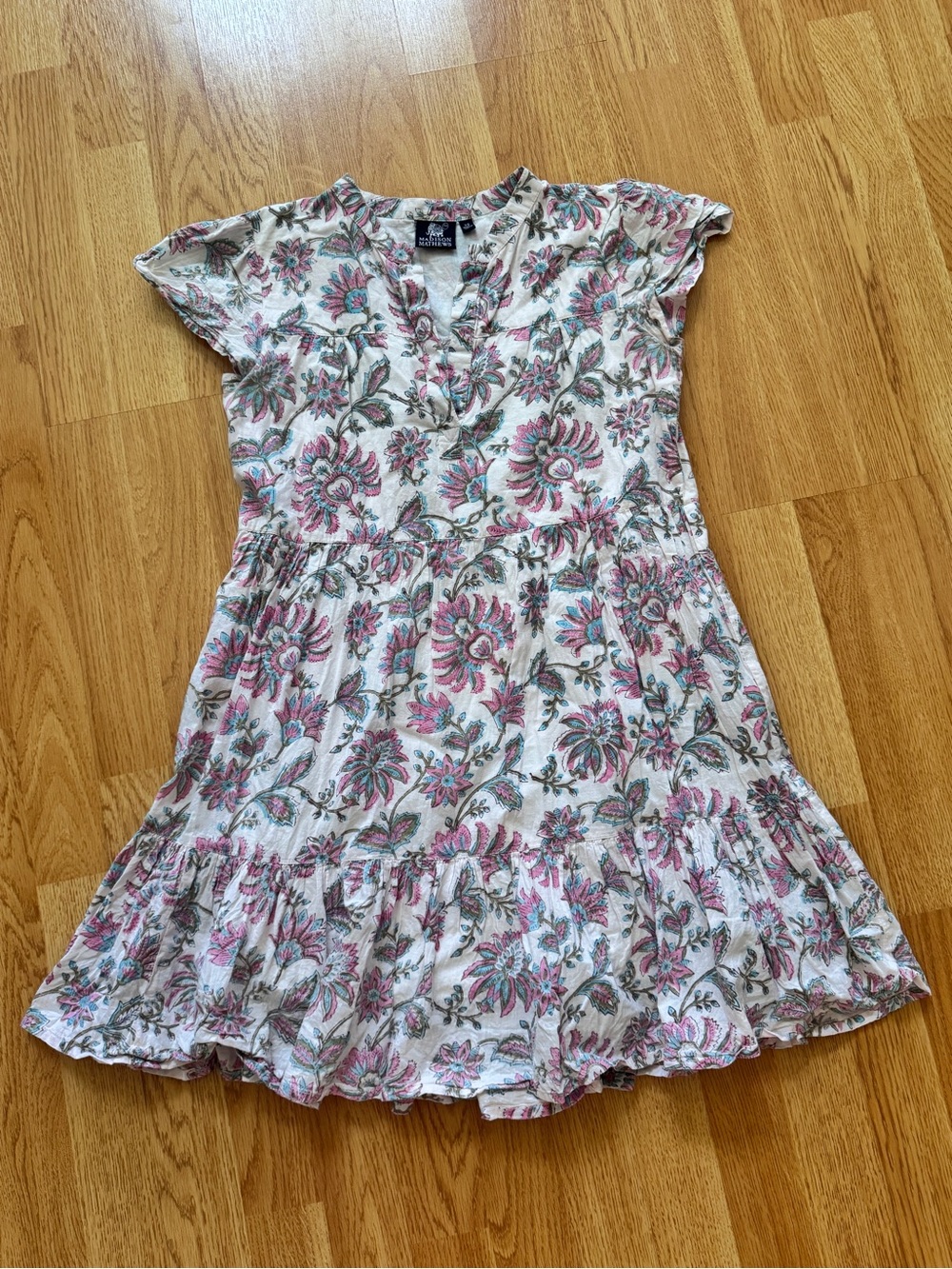 Madison Mathews Floral Tiered Mini Dress in Cream- Pink & Teal Accents- EUC